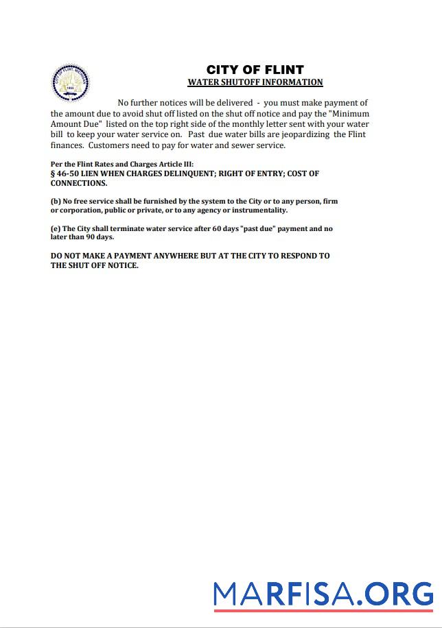 Blank USA City of Flint Michigan water utility bill shutoff notice, Word and PDF template, version 2